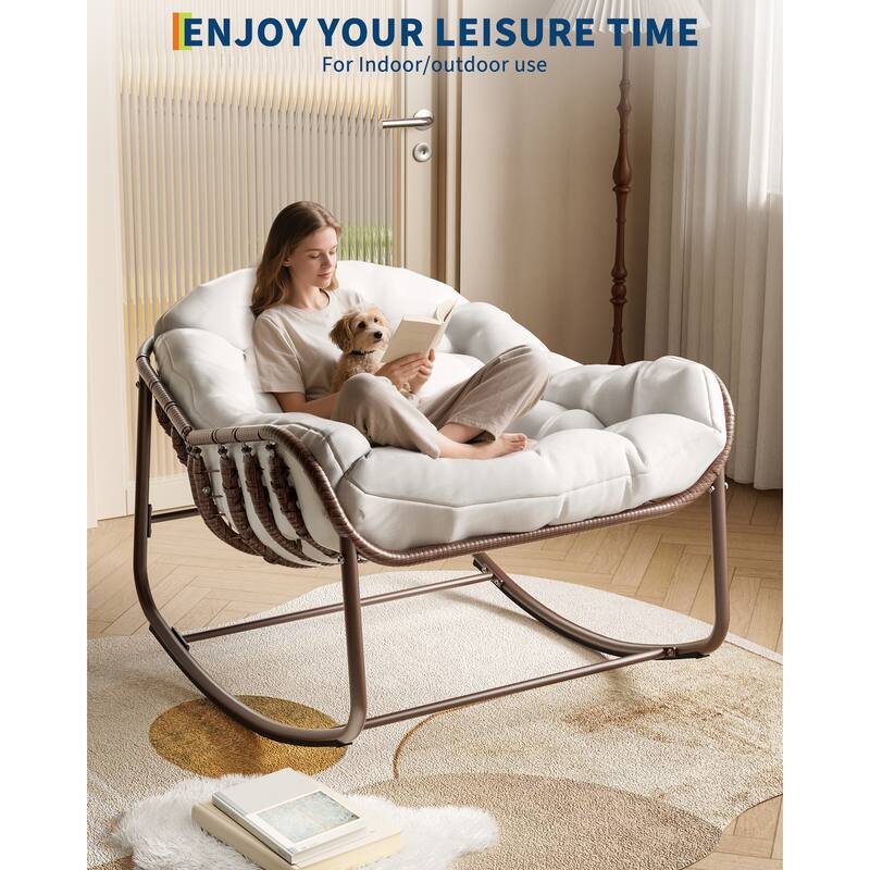 Outdoor Rocking Chair, Oversized Wicker Lounge Chair with Cushion and Metal Frame