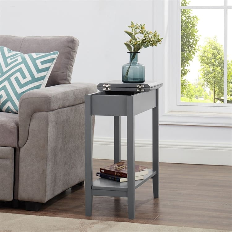 Roxy Narrow Wooden Flip Top End Table with Storage, Nesting Side Table