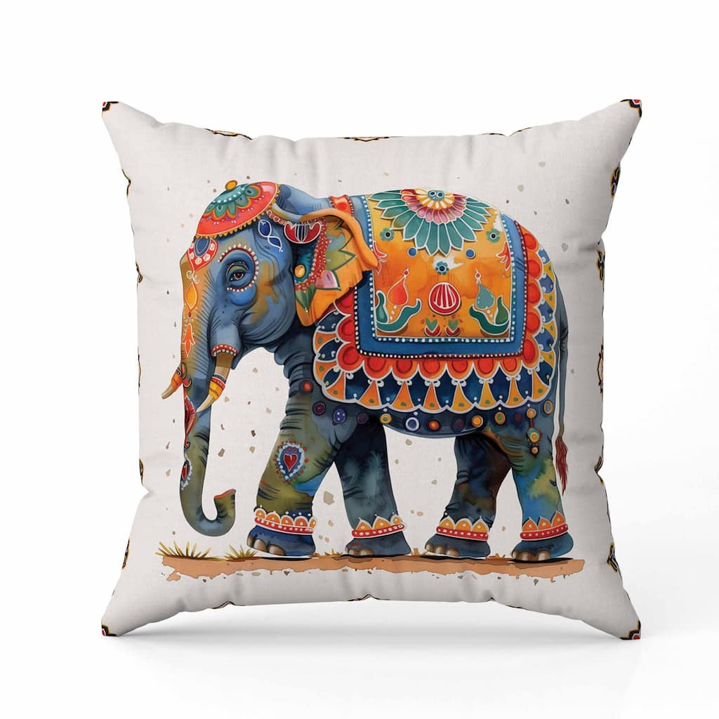 Decorated Elephant Indoor/Outdoor Reversible Throw Pillow Beige and Blue