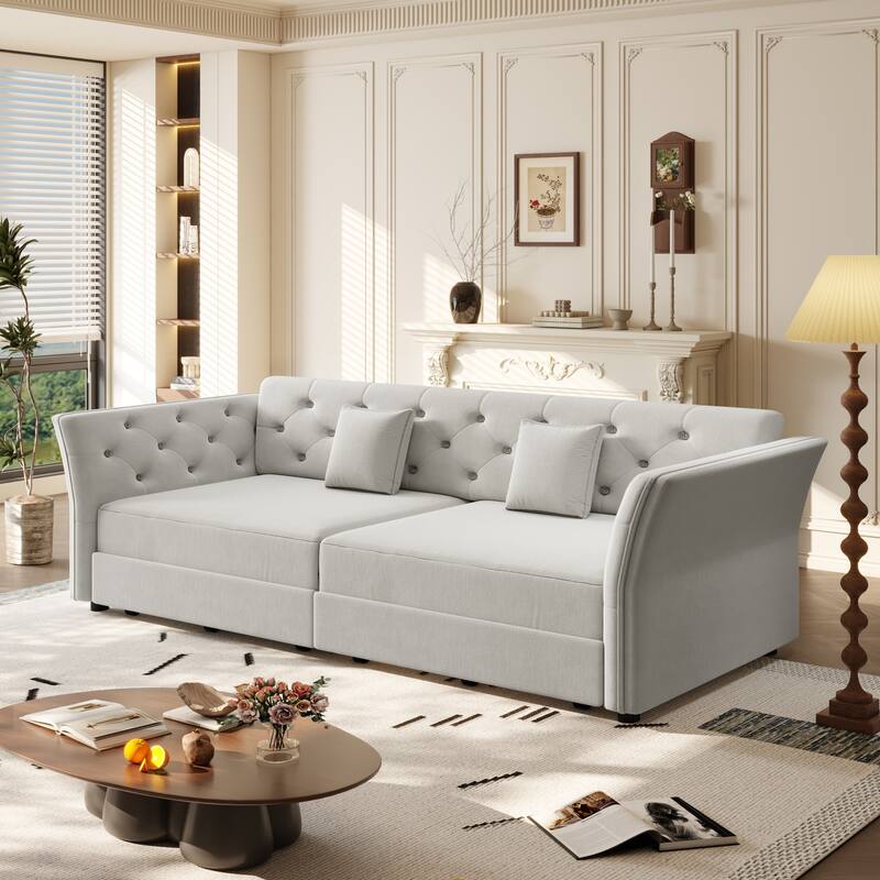 74.4" Queen Pull Out Sofa Bed with Tufted Velvet Fabric - Convertible Sleeper for Living Room, Apartment