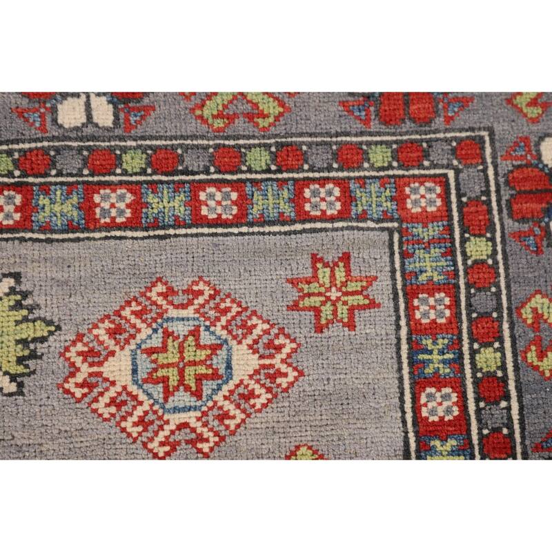Gray Geometric Kazak Area Rug Living Room Handmade Wool Carpet - 5'7" x 7'3"