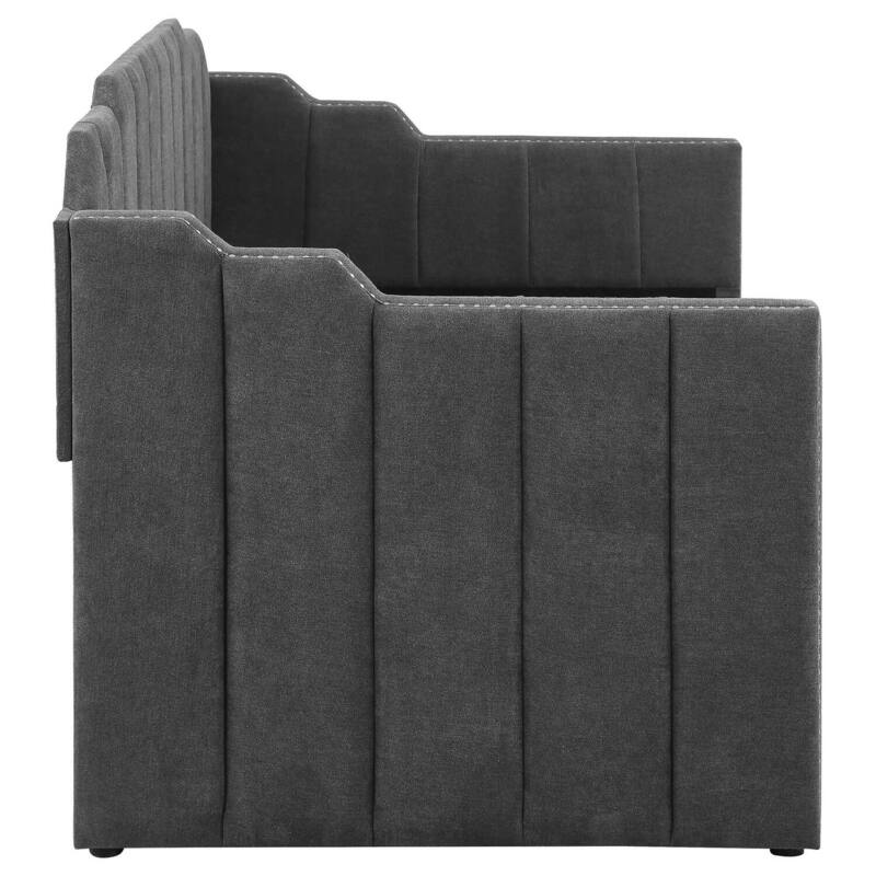 Charcoal Velvet Upholstered Twin Daybed with Channel Tufting, Nailhead Trim and Hidden Trundle for Guestroom
