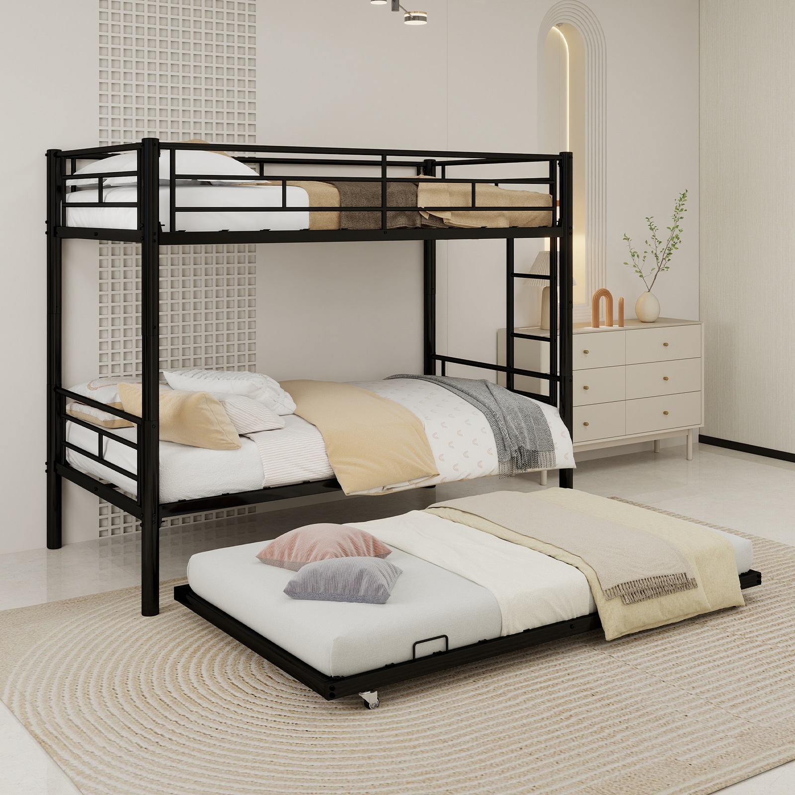 GDFStudio - Heavy-Duty Metal Twin over Twin Bunk Bed with Guardrail