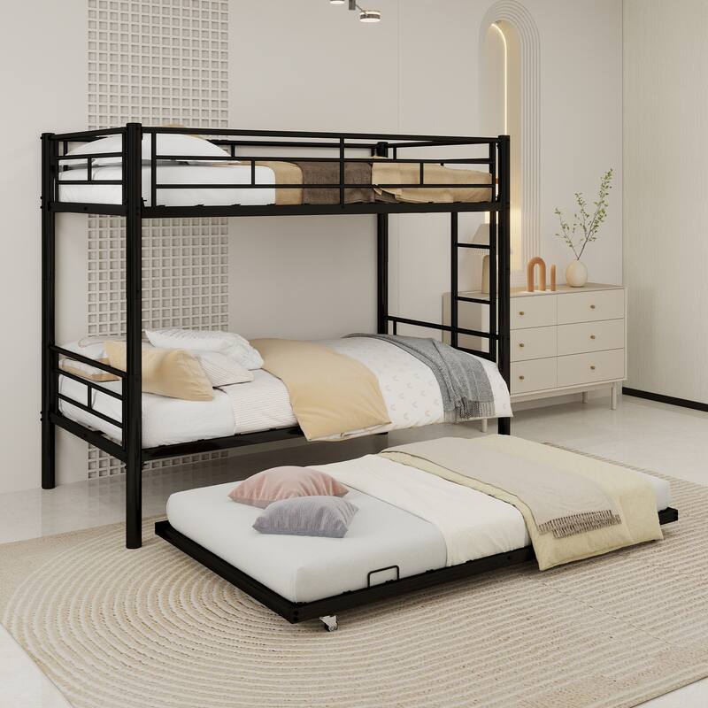 GDFStudio - Heavy-Duty Metal Twin over Twin Bunk Bed with Guardrail - Black