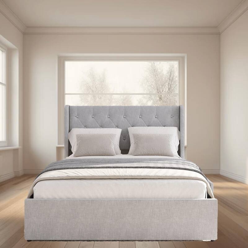 Full Size Platform Bed Frame with Wingback Headboard and 4 Hidden Storage Drawers, Stylish and Functional Bedroom Furniture - Grey - Full