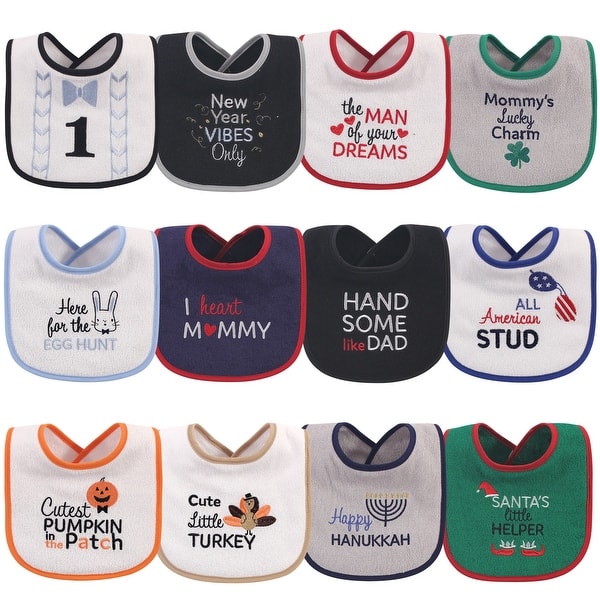slide 1 of 1, Hudson Baby Infant Boy Cotton Terry Drooler Bibs with Fiber Filling 12pk, Holiday Boy Bow Tie, One Size One Size - Holiday Boy Bow Tie