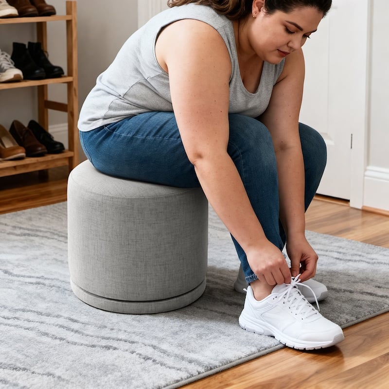 Fully Assembled Linen Round Swivel Ottoman Footstool with Acacia Hardwood Frame
