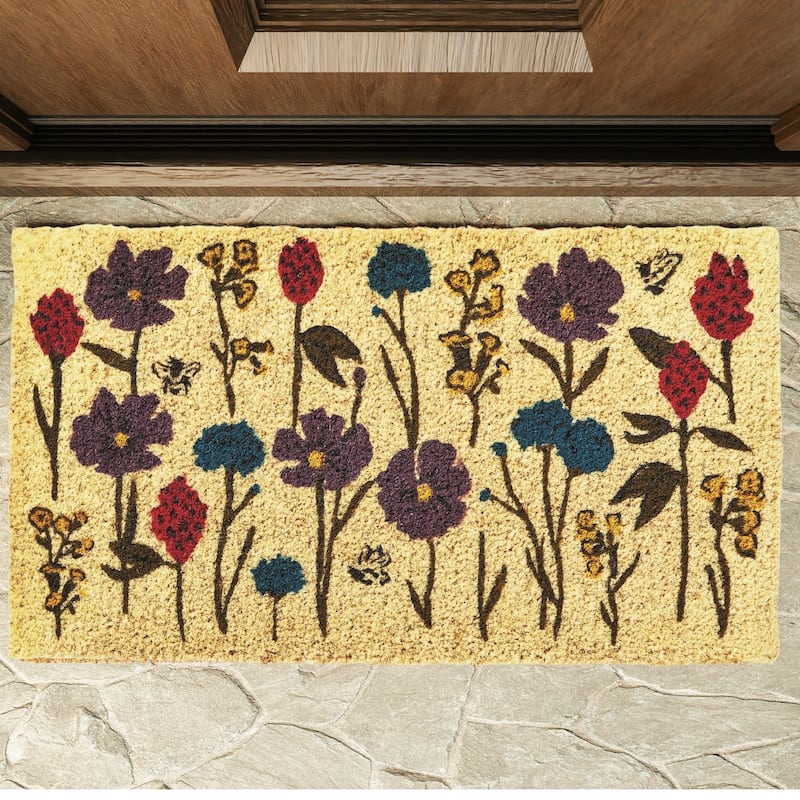 1'6" x 2'6" Bee Flowers Coir Mat Rectangle Indoor and Outdoor Coir Door Welcome Mat