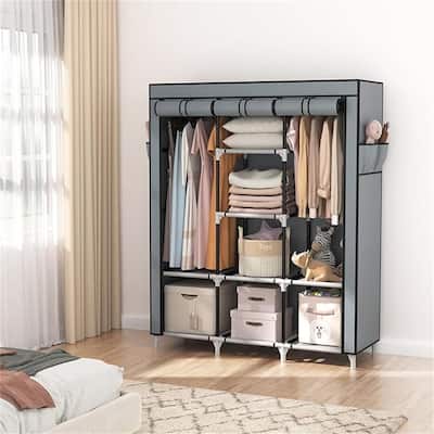 Portable Closet Wardrobe for Hanging Clothes with 2 Hanging Rods and 8 Storage Organizer Shelves - 15.4"D x 49"W x 64"H