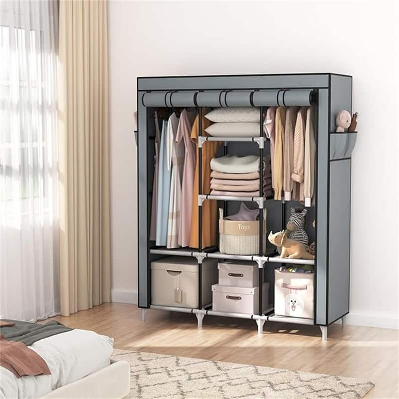 Portable Closet Wardrobe for Hanging Clothes with 2 Hanging Rods and 8 Storage Organizer Shelves - 15.4"D x 49"W x 64"H