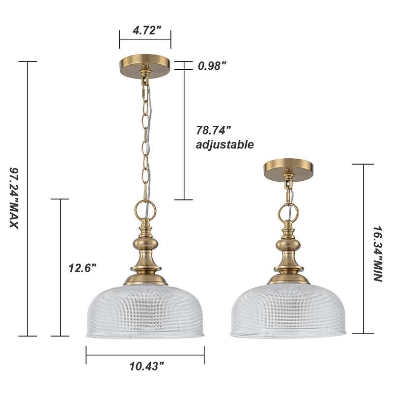 Mid-Century Modern 1-Light Gold Dome Pendant Light with Grid-Textured Glass for Kitchen Island Dining Room