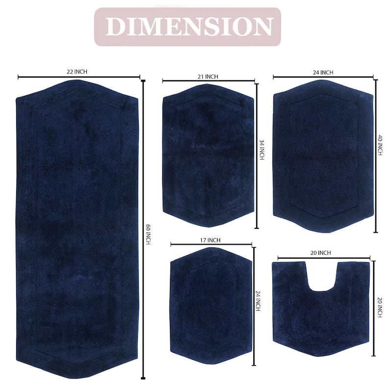 Waterford Collection 100% Cotton Non-Slip Bathroom Rug Set, Machine Washable Bath Rug, 5 Piece Bath Mat Set with Contour