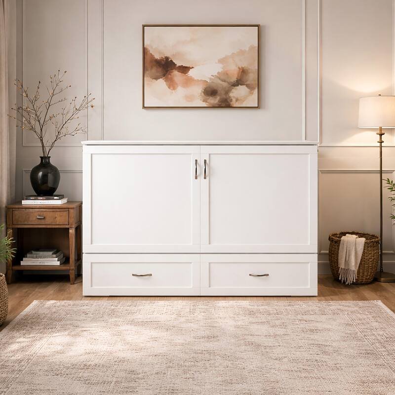Hamilton Queen Murphy Bed Chest with 6" Mattress, Storage Drawer & Built-In Charger in White