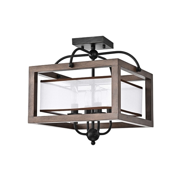 Alina Antique Black Metal Natural Wood Flush Mount with Fabric Shade