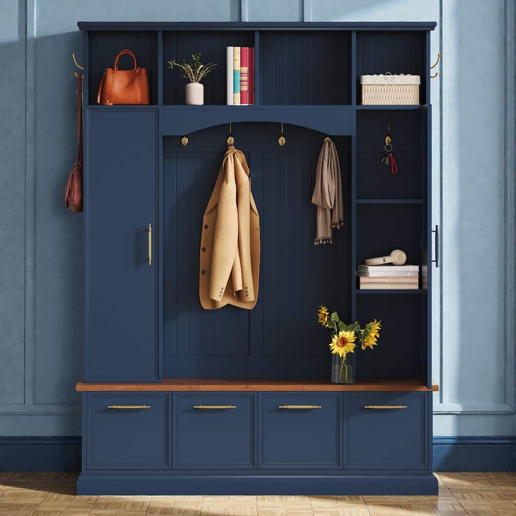 4-in-1 Farmhouse Hall Tree with Walnut Bench, 8 Hooks, Adjustable Shelves and Shoe Storage, Entryway Coat Rack, 59" W