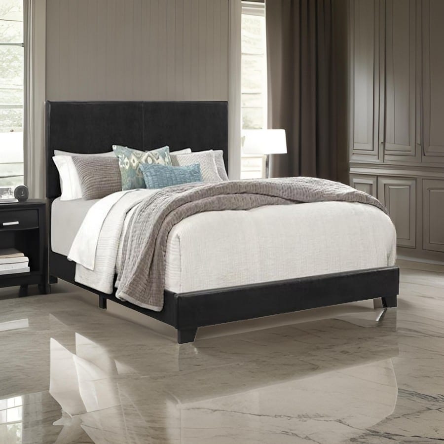 Shirin Queen Size Bed, Wood, Nailhead Trim, Upholstered Headboard, Black