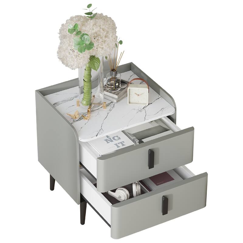 Modern Gray Nightstand with Marble-Pattern Tabletop and 2 Drawers