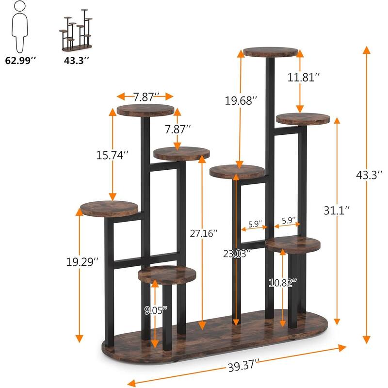 Black-Brown Metal Particleboard Multi-Tier Plant Stand for 11 Pots - 39.37” W x 43.3” H