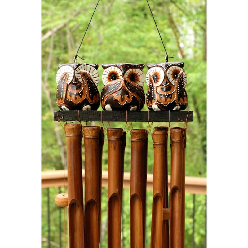 Handmade Wooden See Hear Speak No Evil Owl Bamboo Wind Chime Wood Statue Figurine Hoot Sculpture Patio Garden Outdoor Decor