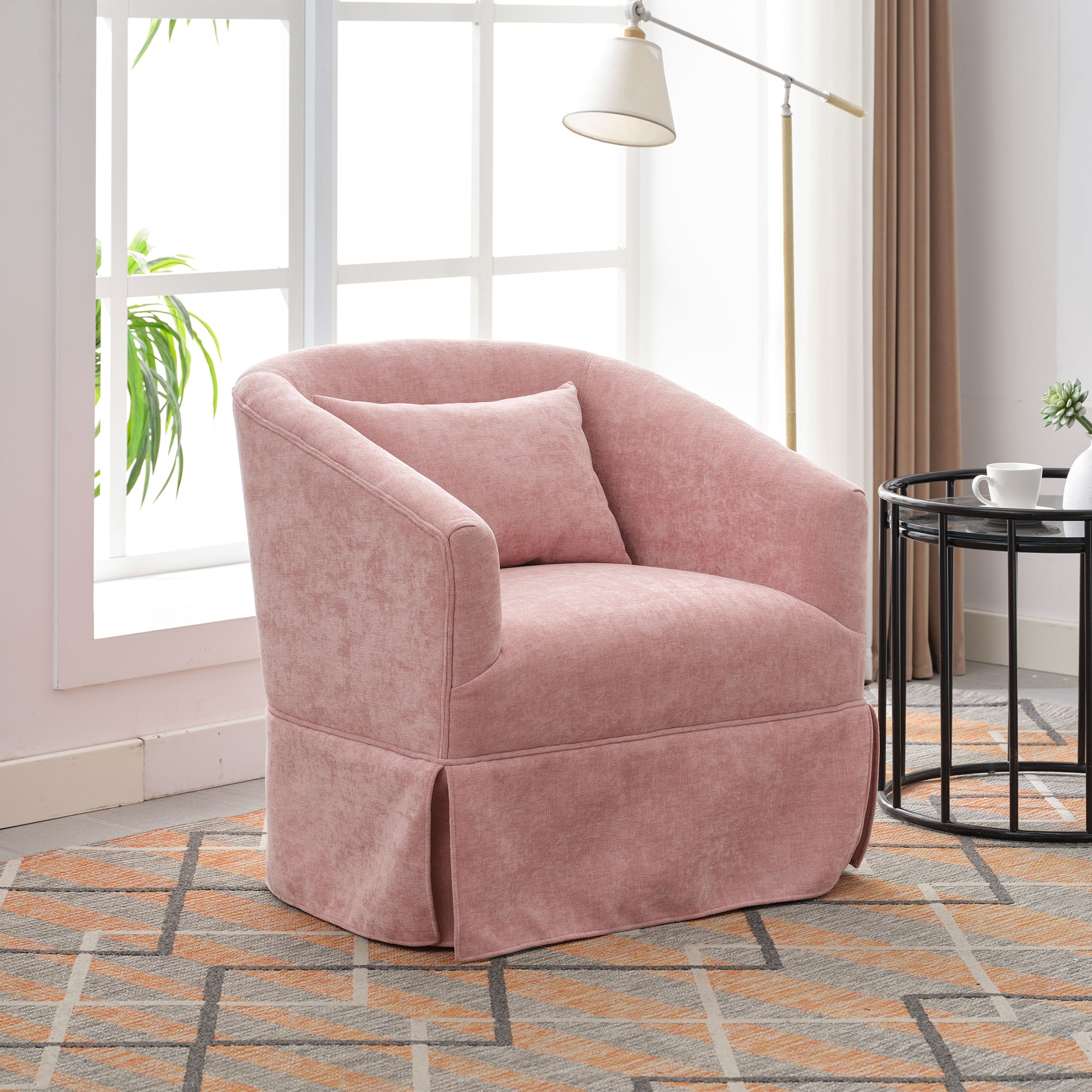 Pink Round Sofa Chair, Lounge Reading Armchair with Skirt Linen