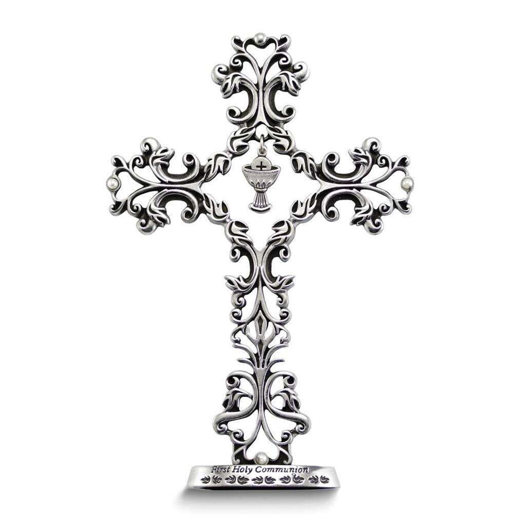 Curata Silver-Tone Filigree First Holy Communion Standing Cross