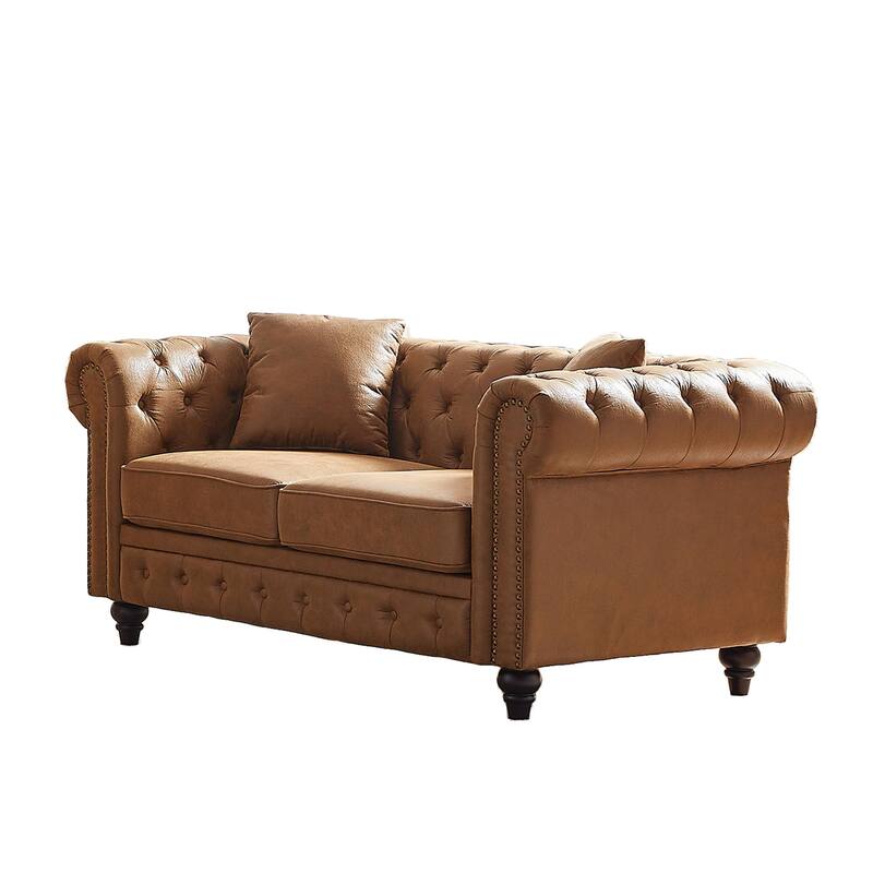 63.5" Contemporary Design Chesterfield Sofa, Brown Fabric, Button Tufted with 2 Pillows