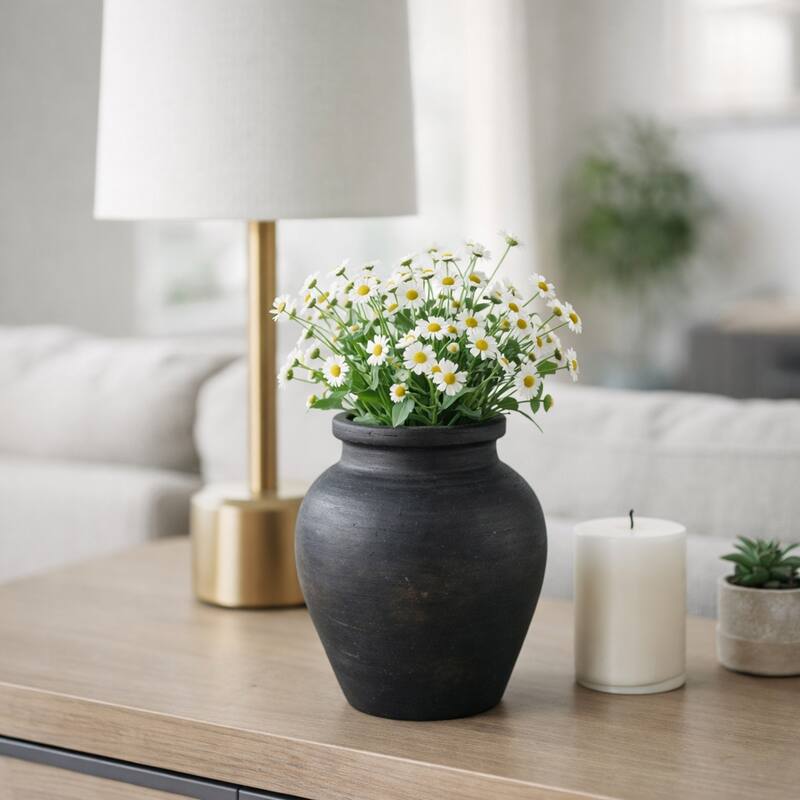 Decorative Round Pottery Vase - Rustic Boho Flower Vase - Black - 6.25"