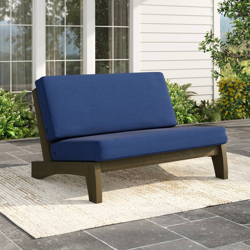Patio Teak Wood Outdoor Loveseat with Cushion - Natural Wood - Navy