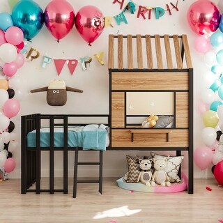 Modern Twin Size Metal Loft Bed With Roof,Window,Guardrail And Ladder for Bedroom