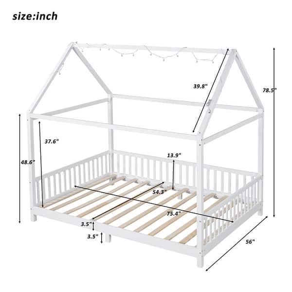 Wood Full Size House Bed with Guardrail and LED
