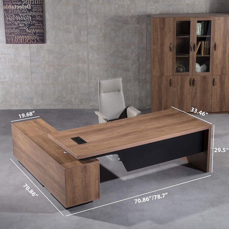 WESOME Retractable L-Shaped Executive Desk with Cable Management Drawers and Lateral File Cabinet