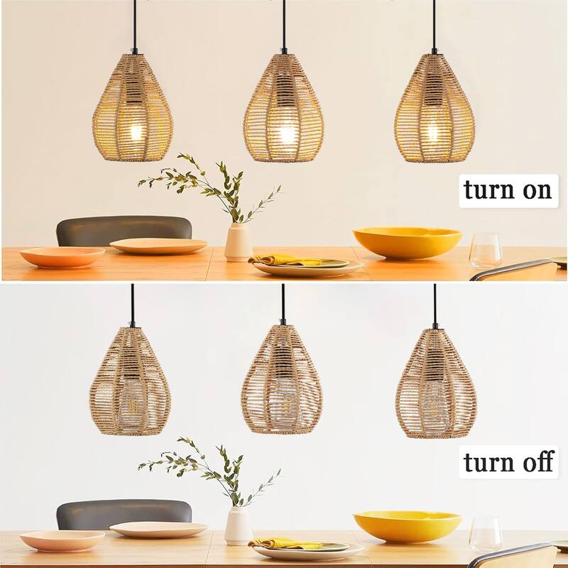 3 - Light Rattan Linear Chandelier for Dining Room, Black Metal Bohemian Style - Matte Black