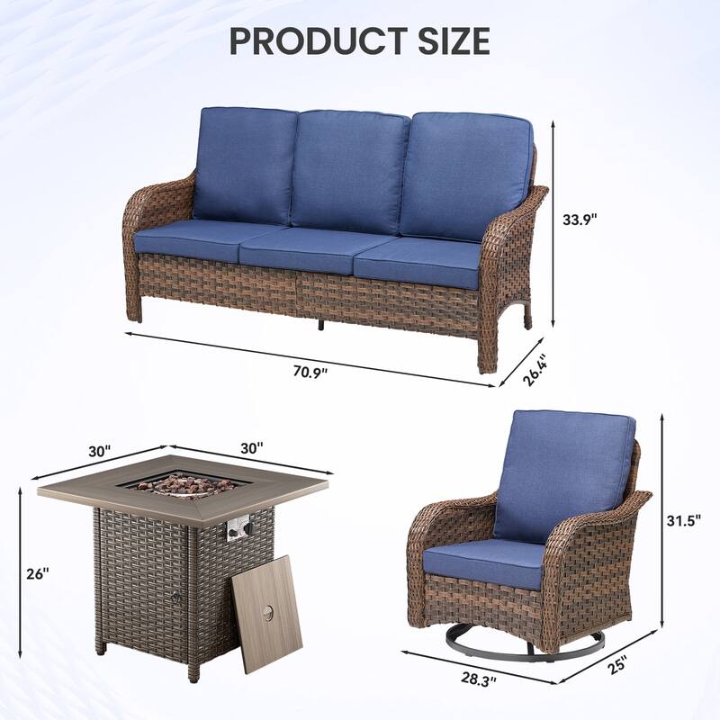 Pocassy Patio Funiture Sofa Swivel Chair Ottoman with Fire Table Set