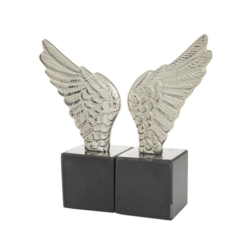 Aluminum Metal Bird Wings Decorative Bookends with Marble Base - Set of 2 Gold or Silver - Roche River Decor