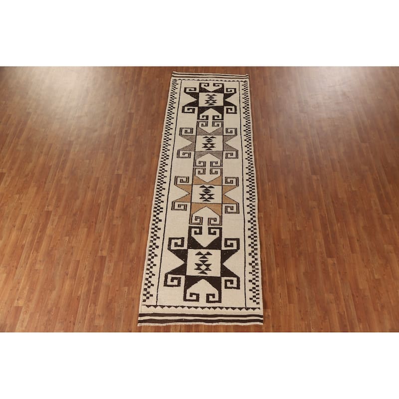 Tribal Beige Plush Anatolian Turkish Runner Rug Handmade Wool Carpet - 3'7"x 11'2"