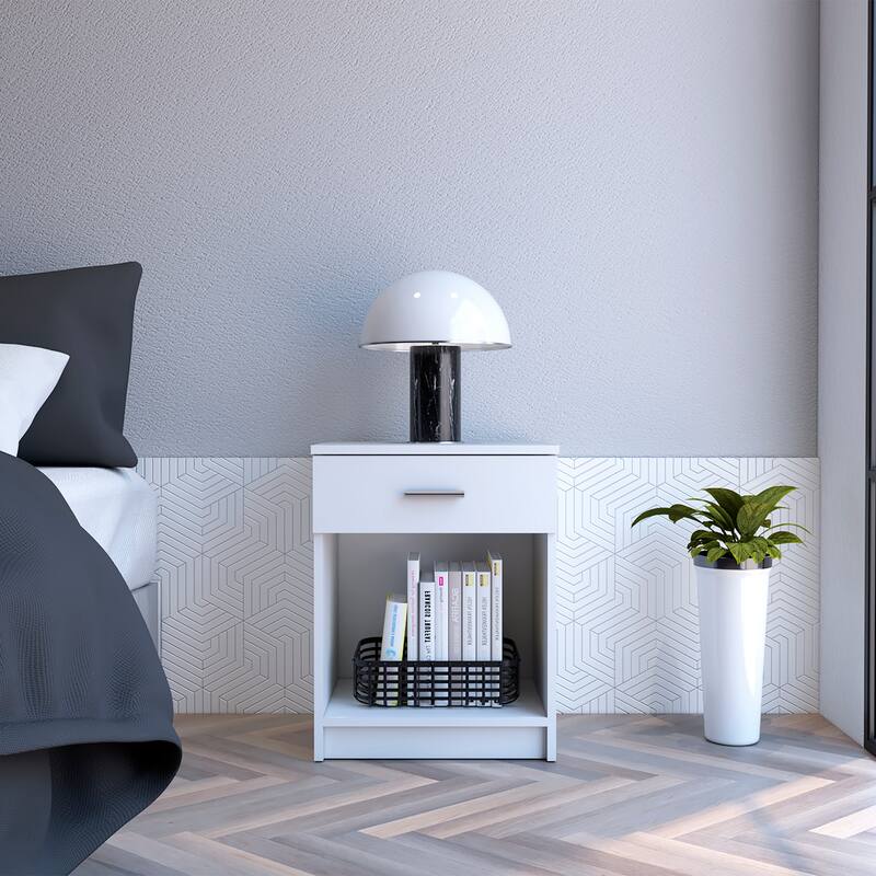Modern Nightstand with Drawer and Shelf, Light Gray Finish, Durable Manufactured Wood, 21.73" Tall