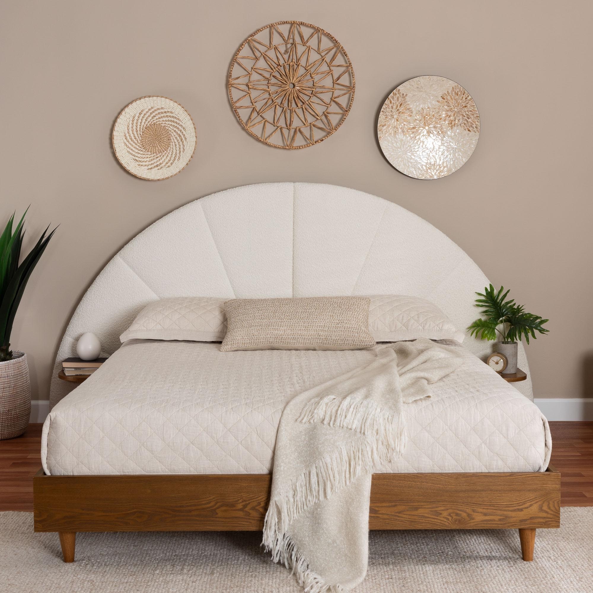 Platform Bed Queen Baxton Studio Lenora - Beige/Walnut Brown Upholstered Bed  With Storage Wood Slat Support, image size:2000x2000