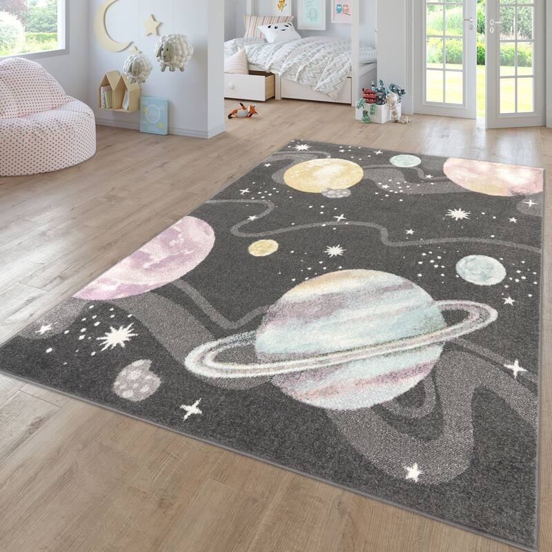 Kids Rug Space with Planets and Stars in Pastel Colors - anthracite - 7'10" x 11'2"