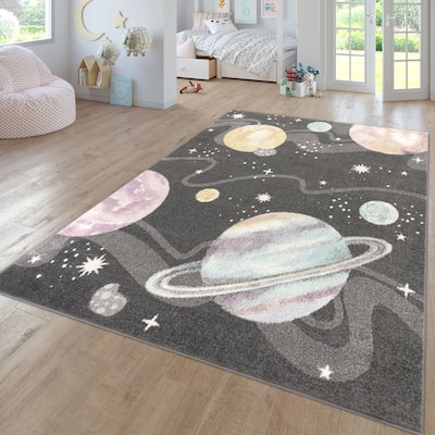 Kids Rug Space with Planets and Stars in Pastel Colors