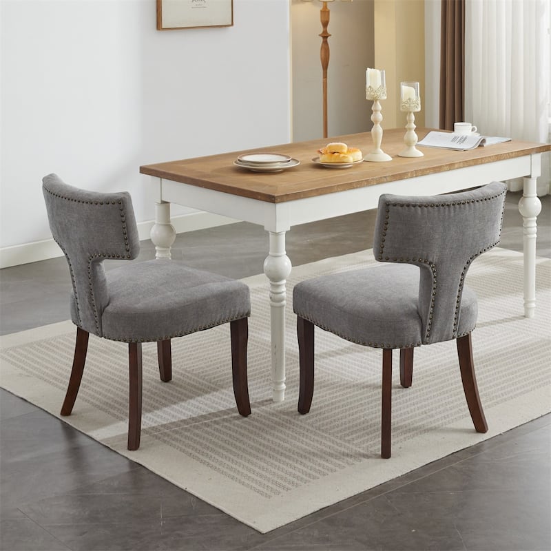 Set of 2 Linen Fabric Upholstered Curved Backrest Accent Dining Chairs