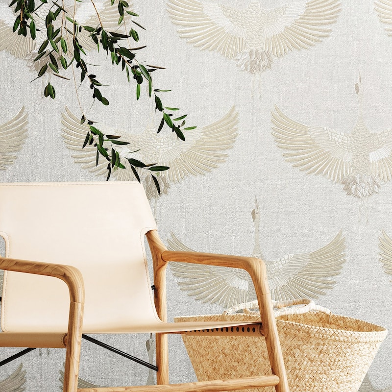 Galerie Wallcoverings Kumano Textured Stork Design Vinyl on Non-woven Pearlescent Wallpaper Roll