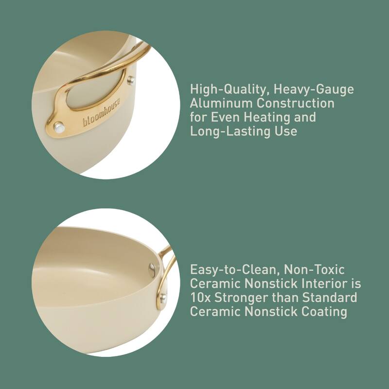 Bloomhouse 15 Piece Pots and Pans Heavy Duty Aluminum Premium PFA Free Ceramic Nonstick - Almond Cream with Gold Handle