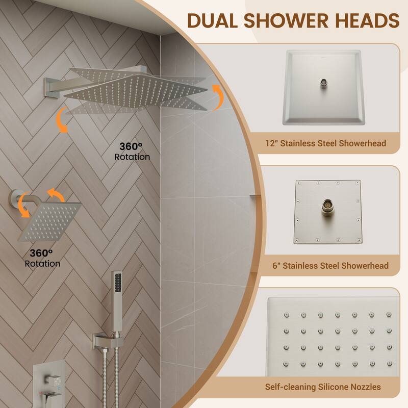 4-Spray Wall Mount 12 and 6 in. Dual Fixed and Handheld Shower Head with Waterfall Tub Spout (Valve Included) - 12" x 12"