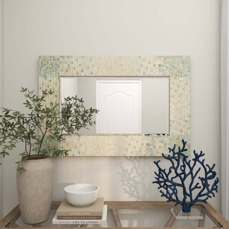 Cream Mother of Pearl Shell Handmade Mosaic Room Wall Mirror with Blue Corners