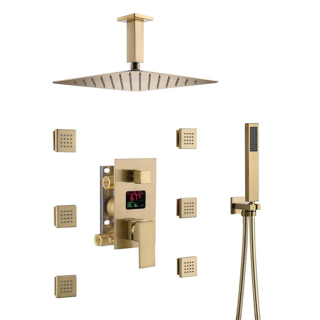 brushed gold ceiling mount 16 inch rainfall 3 way digital display shower system with body jets - 7'6" x 10'9"