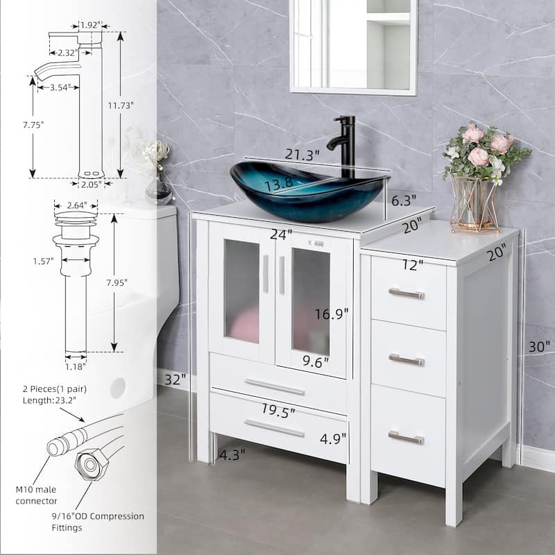 36" White Bathroom Vanity Sink Set with Side Cabinet Vessel Sink Faucet Combo
