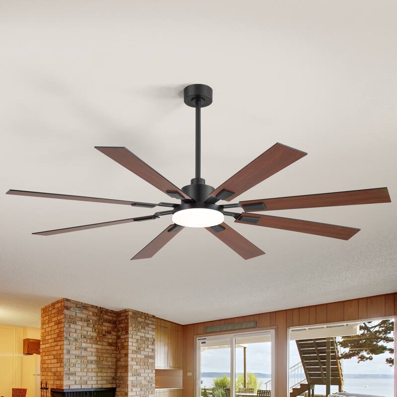 72 Inches Large Integrated Ceiling Fan with LED Light and Remote - Black with 8 Blades