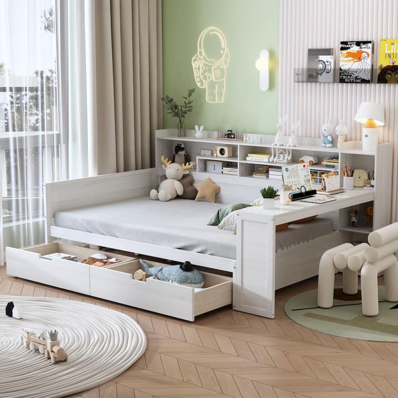 Antique White Full Size Wooden Daybed with Storage Shelves, Drawers & Study Desk - Antique White