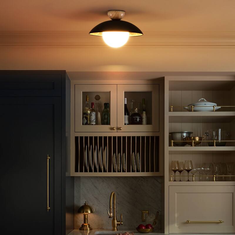 1-Light Modern Black Dome Gold Leaf Semi-Flush Mount Light w/Opal Glass Globe Bubble Shade - 14.5 in. W x 9.8 in. H