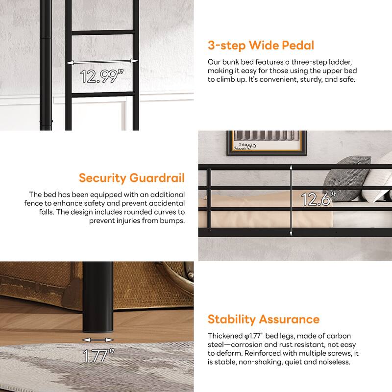 Twin Over Twin Bunk Bed Metal Frame Black Finish Ladder Guardrail
